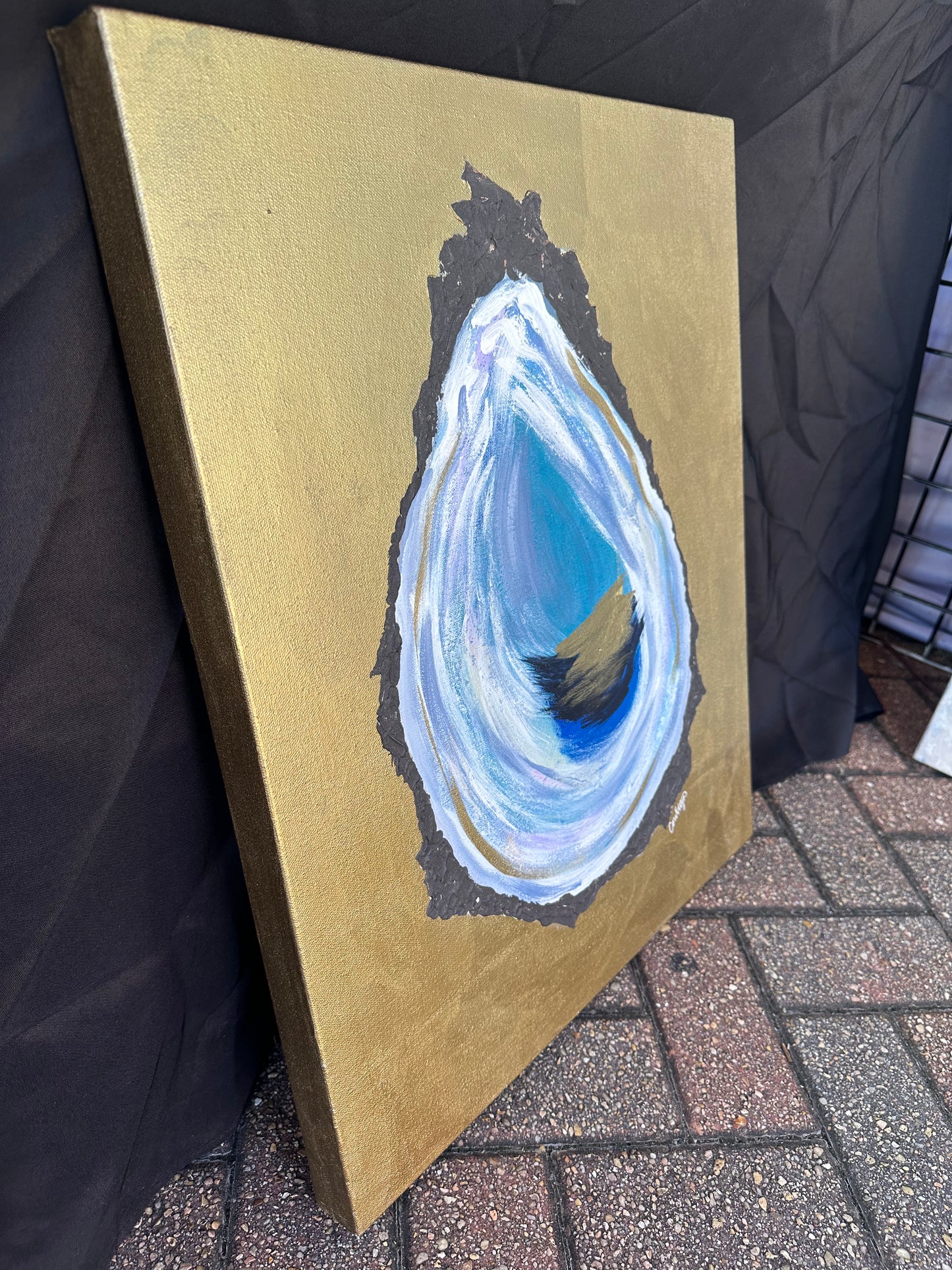 Blue Oyster on Gold Background