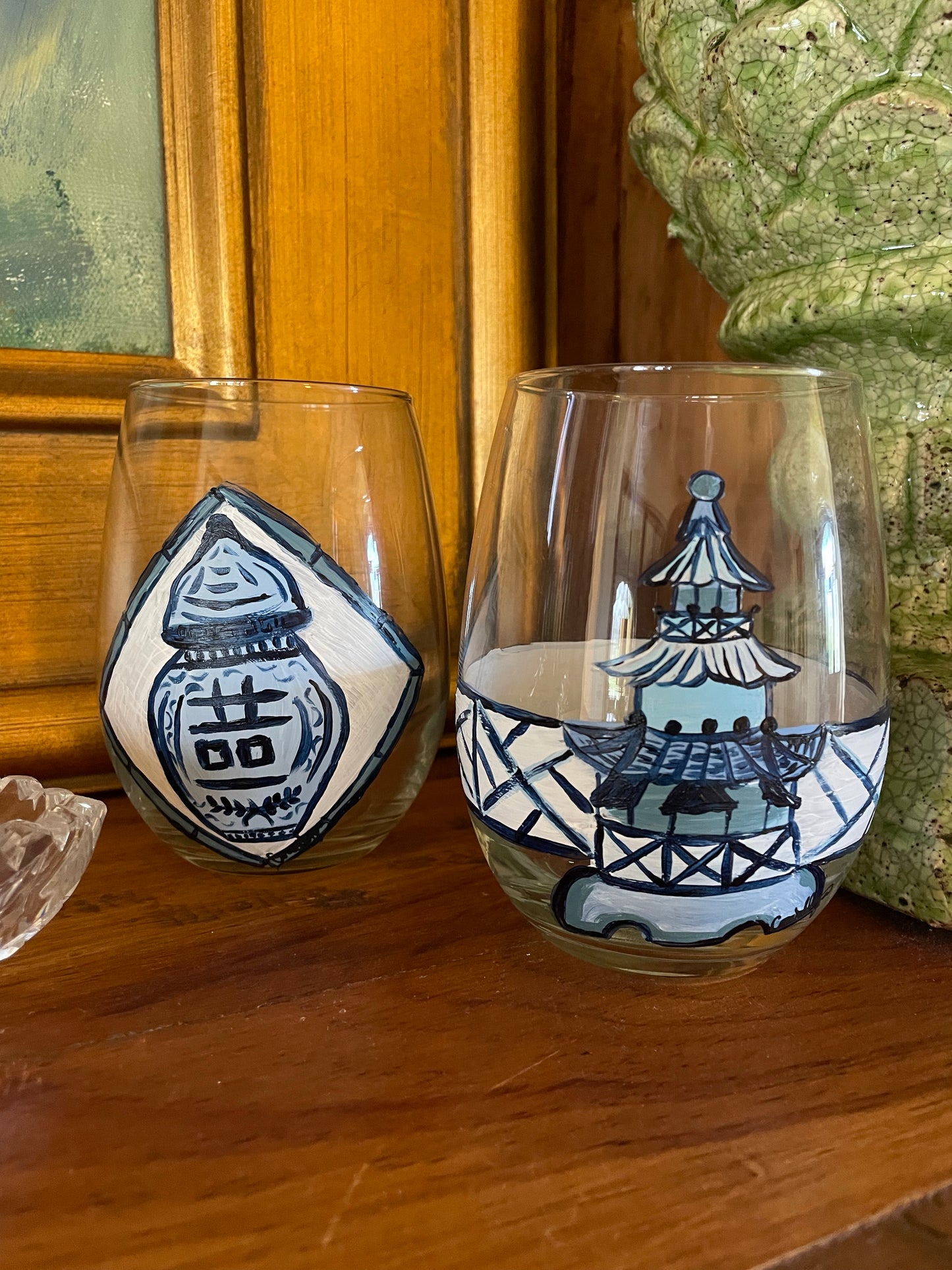 Chinoiserie Blue Stemless Wine Glass