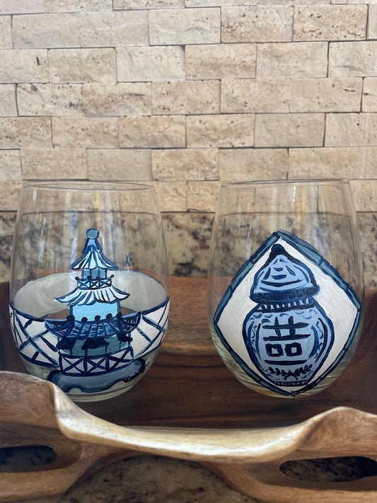 Chinoiserie Blue Stemless Wine Glass
